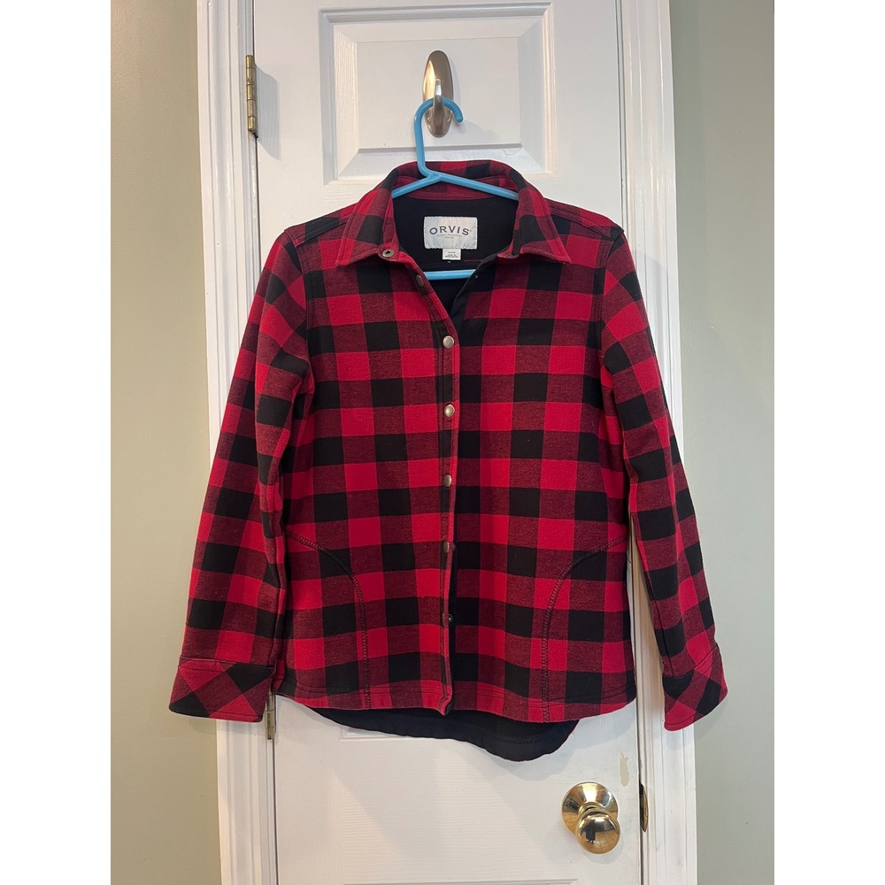 Orvis Women Red Black Buffalo Plaid Fleece Lined Snap Front Shirt Jacket S B7